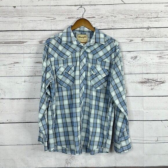 Wrangler Shirt Mens Large Blue Plaid Pearl Snap Western Rodeo Cowboy Country - Picture 1 of 11
